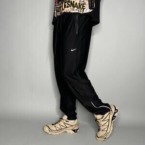Vintage Y2K Nike Sweatpants Mens L Jet Black White Swoosh Ankle Zippers Joggers